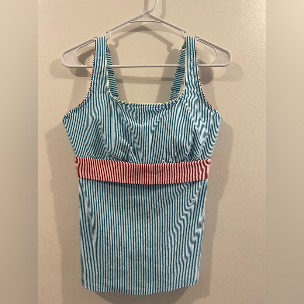 Lands End Womens 10DDD Swimsuit Top Tank Sleeveless Blue Stripes Seersucker